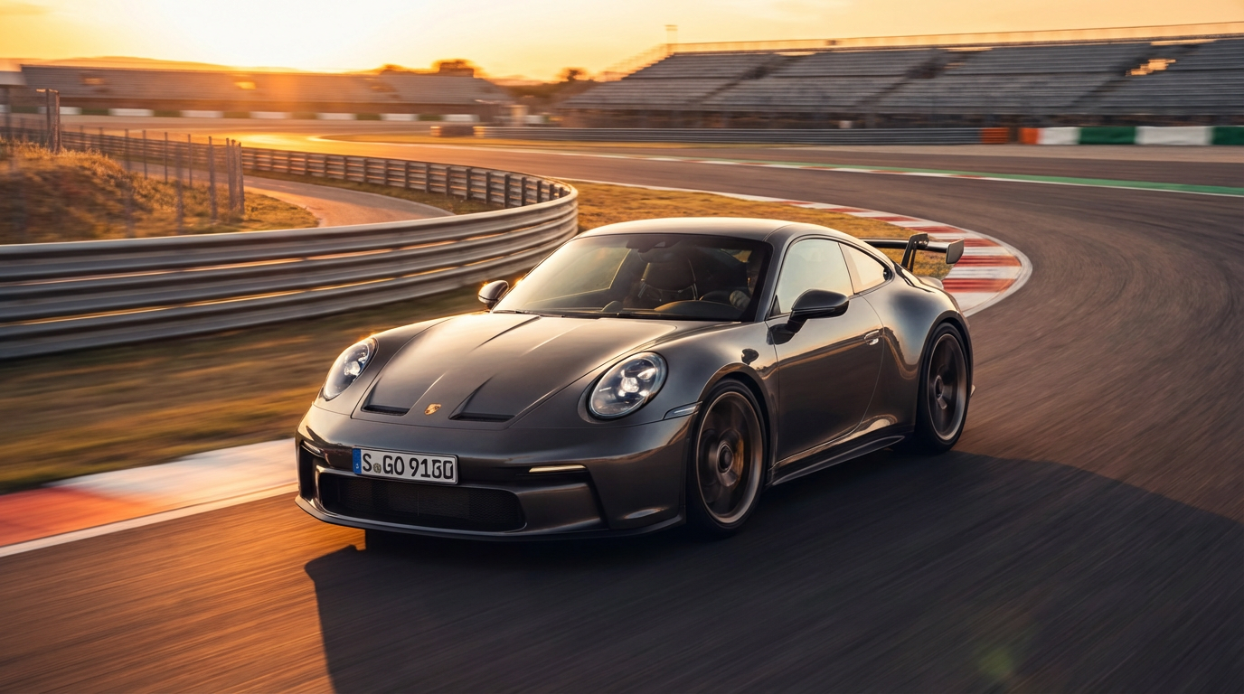 Porsche 911 GT3 bei Sonnenuntergang auf der Rennstrecke